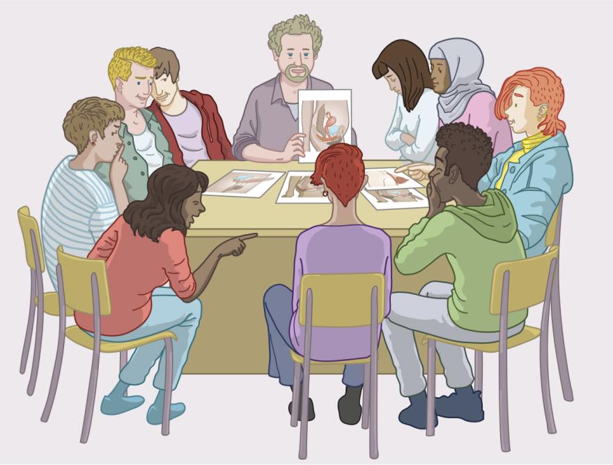 Leerlingen en leraar zitten rond een tafel en tonen emoties rond relationele en seksuele vorming.